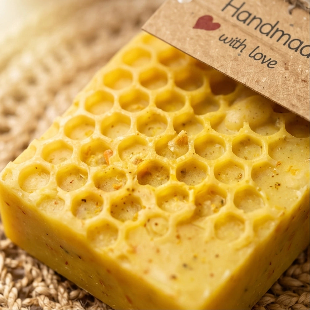 GlowHaven natural soap. Yellow honeycomb-patterned soap with a brown label on a textured surface