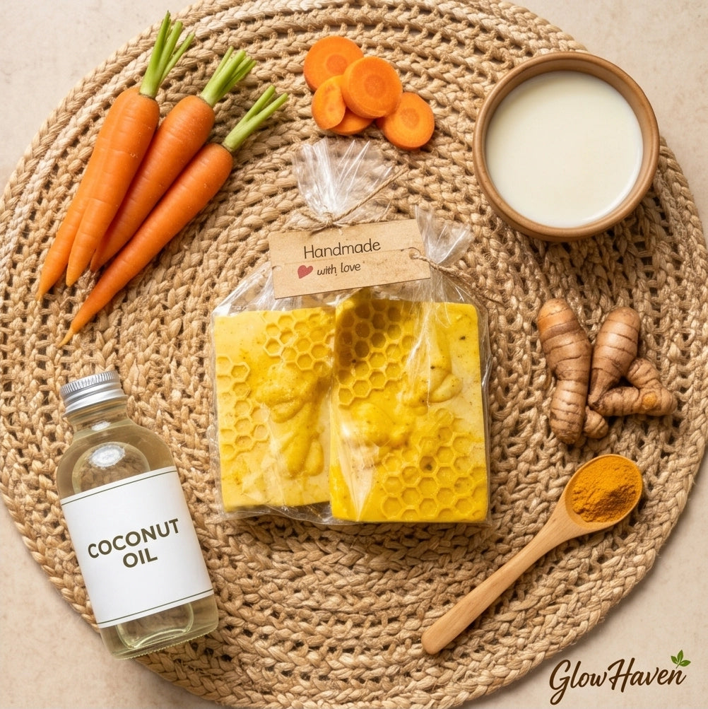 GlowHaven natural soap. Packaged soap with coconut oil, carrots, turmeric, and a bowl of milk on a woven mat.