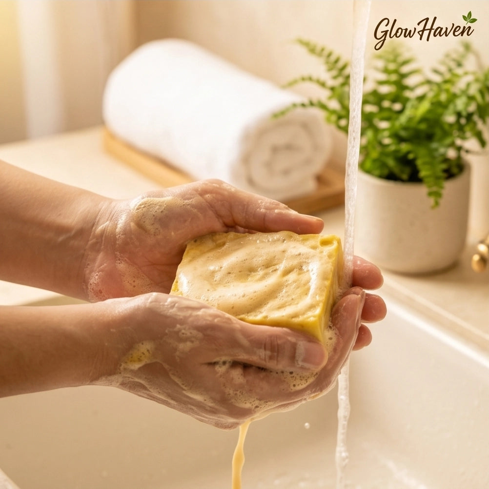 GlowHaven natural soap. Person washing a yellow sponge under running water in a sink with 'GlowHaven' branding.