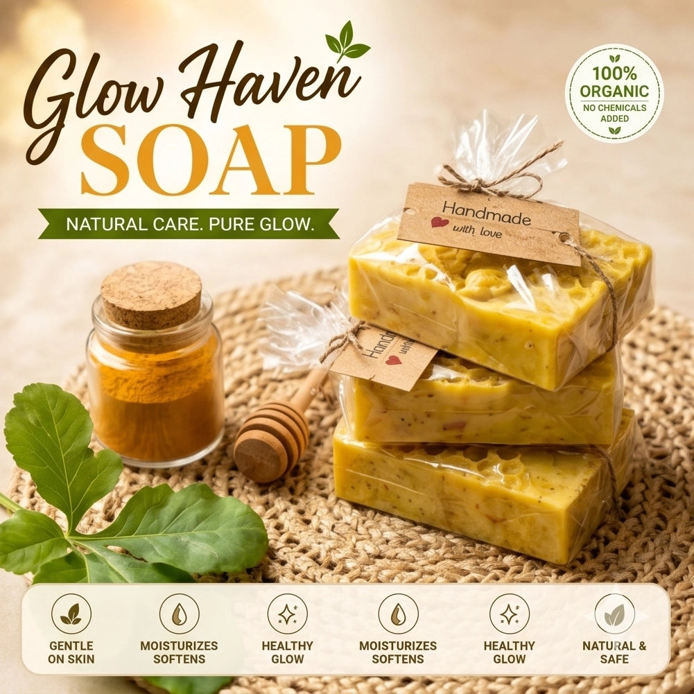 Glow Haven soap with honey and jar on a textured surface, featuring organic and natural product attributes.