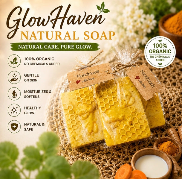 GlowHaven natural soap packaging with honeycomb design, surrounded by natural elements.
