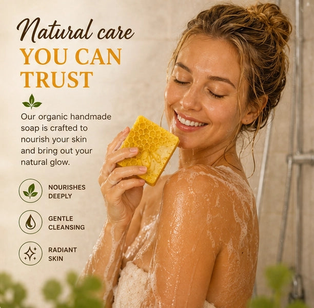GlowHaven natural soap. Woman in shower with soap bar, text about natural care and soap benefits.