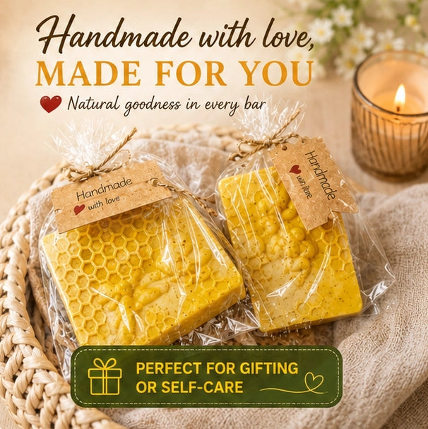 GlowHaven natural soap. Two wrapped honeycomb-shaped bars of soap with a candle in the background, labeled 'Handmade with love, Made for You'.